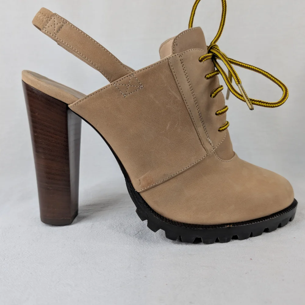 Jenni Kayne Tan Suede Lace Up Slingback Heels Lug Sole Made in Italy Size 40